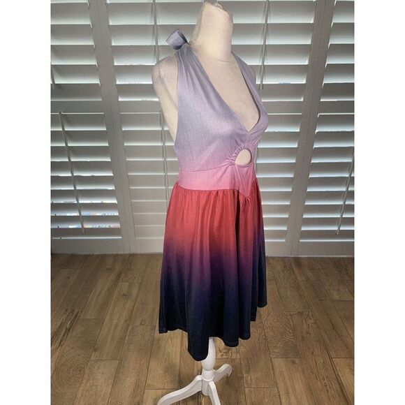 NEW Halter Dress Large Purple Ombre Backless Lightweight Cut Outs Fit Flare - Picture 2 of 11